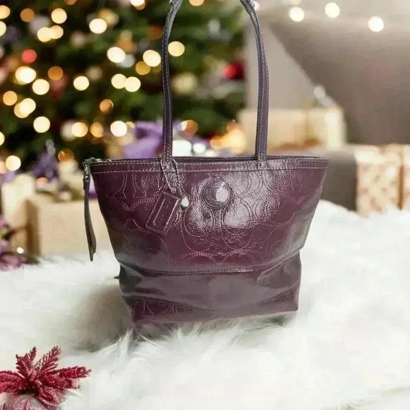 COACH Plum/ Burgundy Signature Patent Leather Tote - Picture 1 of 12